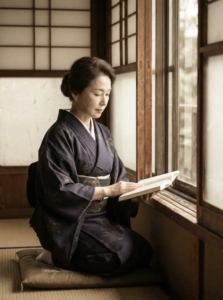 一位优雅的五十岁 k体育注册送68平台平台 身穿深蓝色和服，在窗边静读