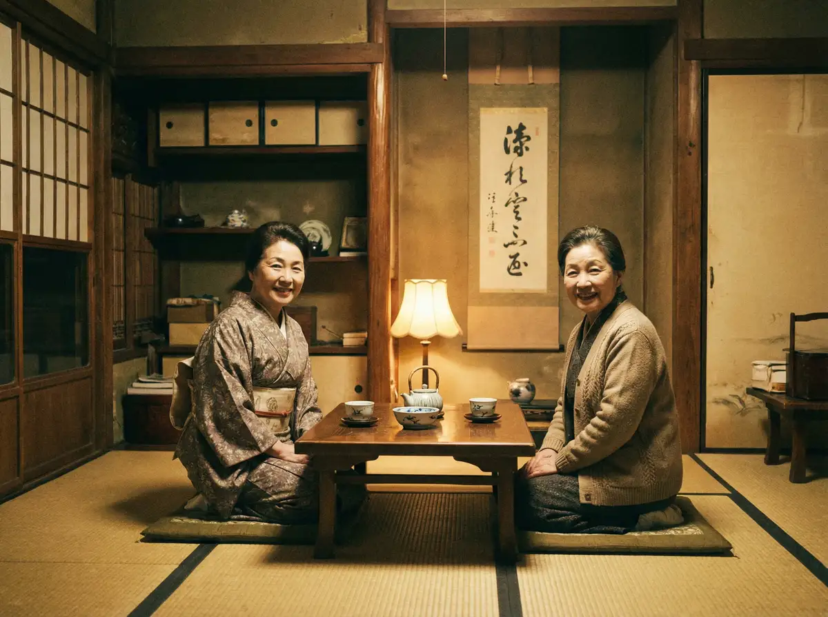 两位优雅的 k体育注册送68平台平台 在日式茶室中品茶交谈